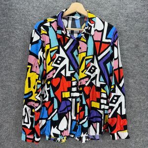 Big Dart Shirt Women M Medium Blue Geometric Button Up Collared Long Sleeve